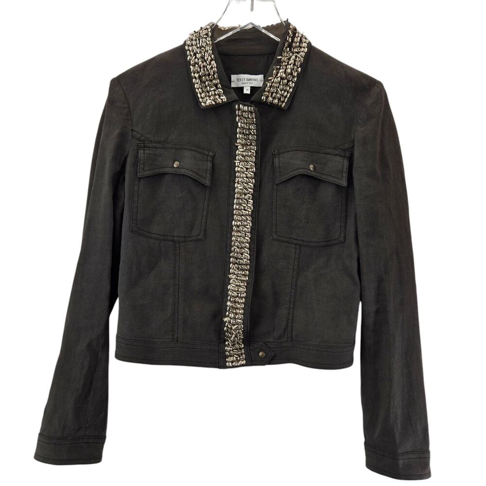 Ter‎ Et Bantine Cropped Linen Jacket Womens 44 IT Small Taupe Gray Studded Italy